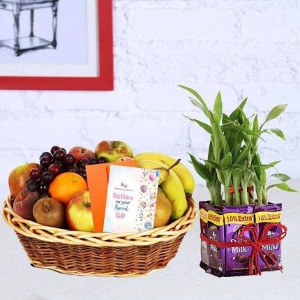 Dairy Milk Lucky Bamboo Hamper With Fruit Basket
