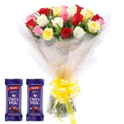 Long Stem Mixed Roses Bouquet with Dairy Milk Crackle