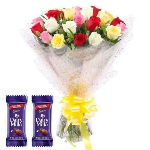 Long Stem Mixed Roses Bouquet with Dairy Milk Crackle (GG 1205)