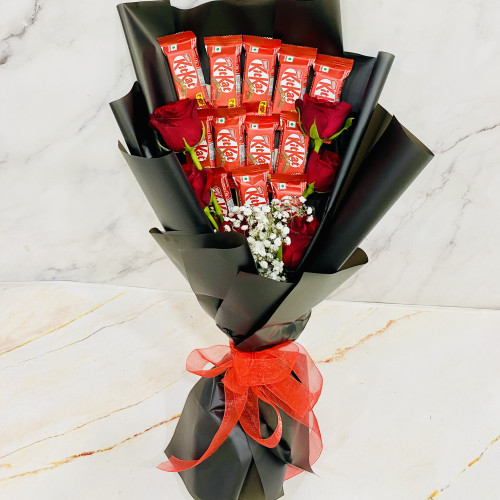 Color of Red - 6 Red Roses, 12 Kit Kat Bouquet and Card