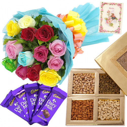 Dry Fruits Delight - 12 Mix Roses in Bunch, 200 gms Assorted Dryfruit, 5 Dairy Milk and Card SKU 00587