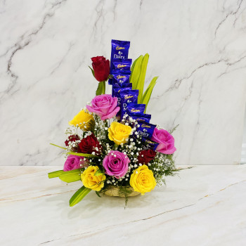 Love Affair Basket - 12 Mix Roses, 10 Cadbury Dairy Milk in Basket