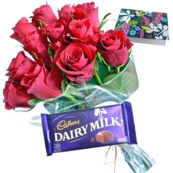 Roses N Chocolate - 10 Red Roses + Dairy Milk