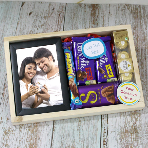 Thoughtful Hampers - Photo Frame, Ferrero Rocher 4 Pcs, Dairy Milk Silk, Dairy Milk Fruit & Nut, Dairy Milk Crackle, Perk, 2 Personalized Props, Wooden Tray and Card SKU 0054