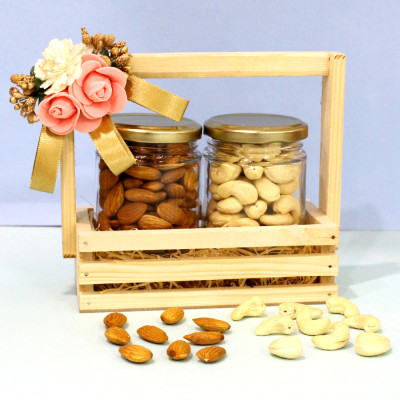 Tray of Joy - Almond in Jar, Cashew in Jar, Decorative Wooden Tray