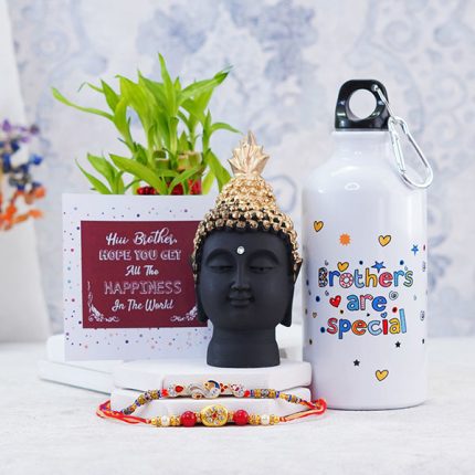 Designer Rakhi with Bottle N Buddha Statue Gift Hamper