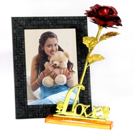 Words of Love - Gold Plated Red Rose with Love Stand, Personalized Photo Frame